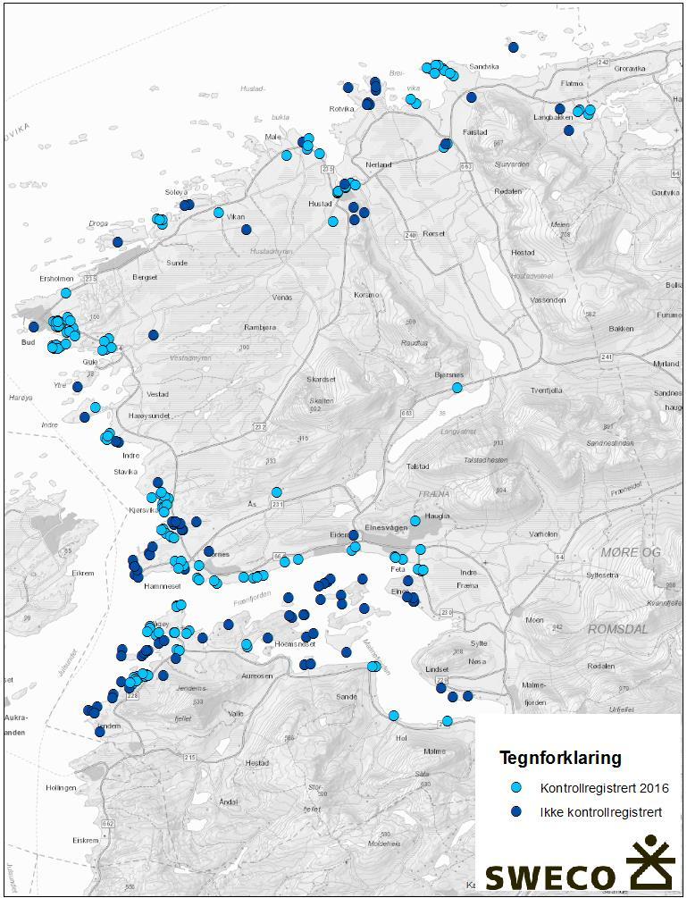 106 Figur 3-2 Kartet viser geografisk spredning av det totale antallet (mørkeblå prikker) og de