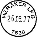 Stempel nr. 12 Type: I25N Utsendt?? MERÅKER 4 Innsendt?? Registrert brukt fra 06.05.88 TK til 08.12.93 FH Stempel nr. 13 Type: I25N Utsendt?