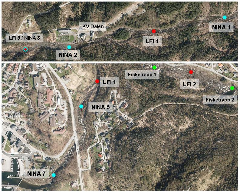 Figur 11: Oversikt over el-fiskestasjoner etablert av LFI og NINA i Jørpelandsåna. Farger: Blå = NINA, Rød = LFI, Grønn = fisketrapper. Stasjonene LFI 1, LFI 2 og LFI 4 ble ikke fisket i 2015.