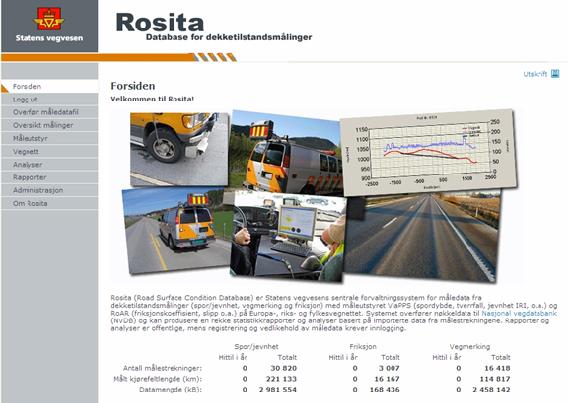 Figur 4.12 Rosita Database for dekketilstandsmålinger; friksjon (sommermålinger), spor og jevnhet og vegmerking 4.