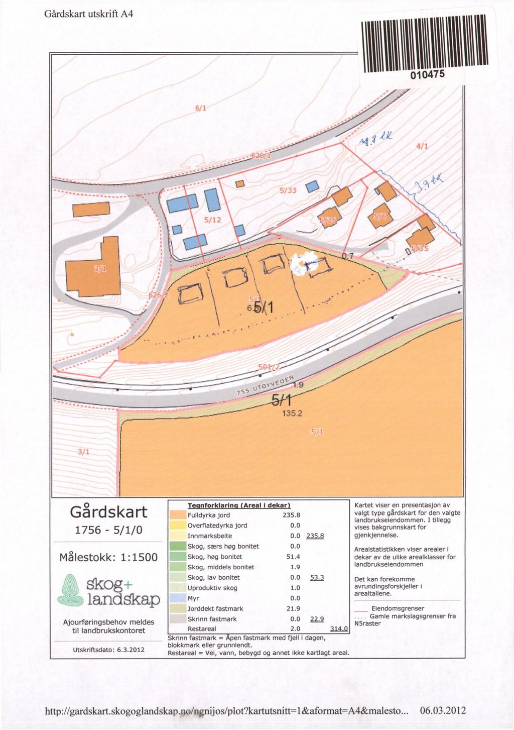 GårdskartutskriftA4 1111-755" CY1' _ :5 135.2 Gårdskart 1756-5/1/0 Målestokk: 1:1500 Aog - landskap Ajourføringsbehov meldes til landbrukskontoret Utskriftsdato: 6.3.2012 Te nforklarinareal 1dekar Fulldyrka jord235.