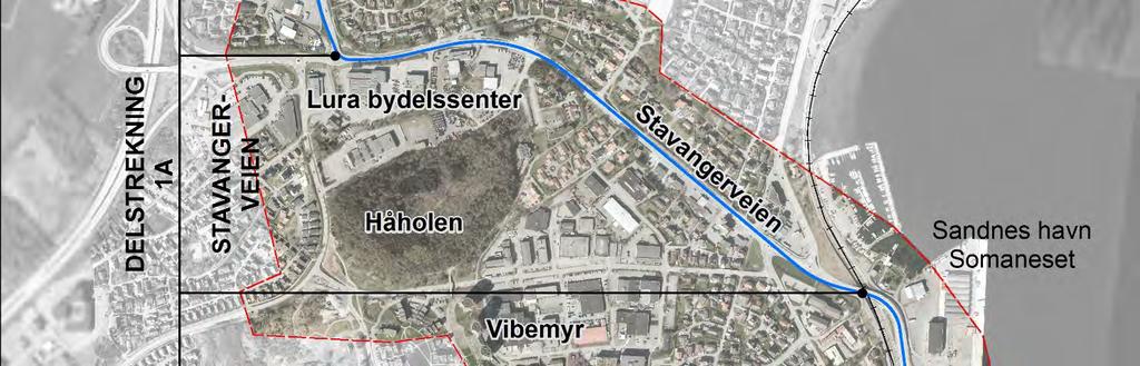 Figur 2-5: Delstrekning 1A, Stavangerveien - fra krysset ved Forussletta forbi Lura bydelssenter og fram til og med krysset med Gamleveien.