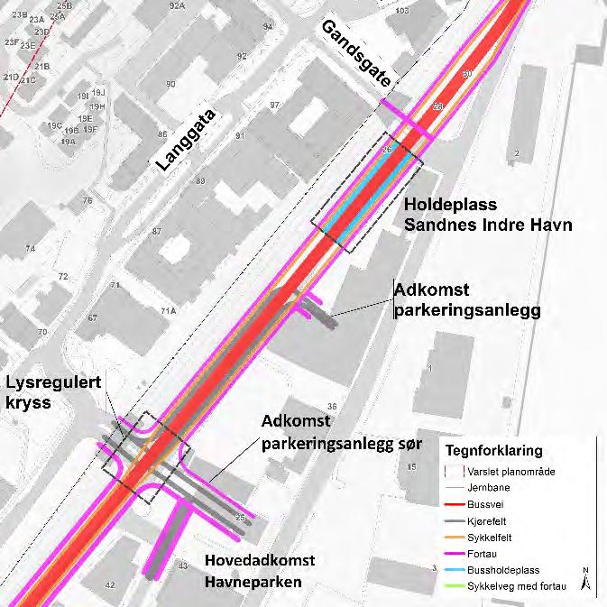 Parallelført adkomstveg til parkeringsanlegg i Havneparken Totalbredden er på 25,9 m. Adkomstveg til det nordre parkeringsanlegget legges parallelt langs østsiden av Bussveien.