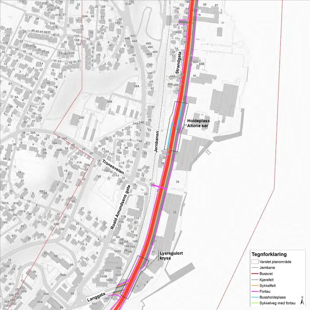 Parallelført bussvei Strandgata, Snorres gate Langgata Tabell 725: Prinsippvurdering delstrekning 2A sør Parallelført Vurderingskriterier / Fordeler / Ulemper Fysiske forhold og lesbarhet Buss