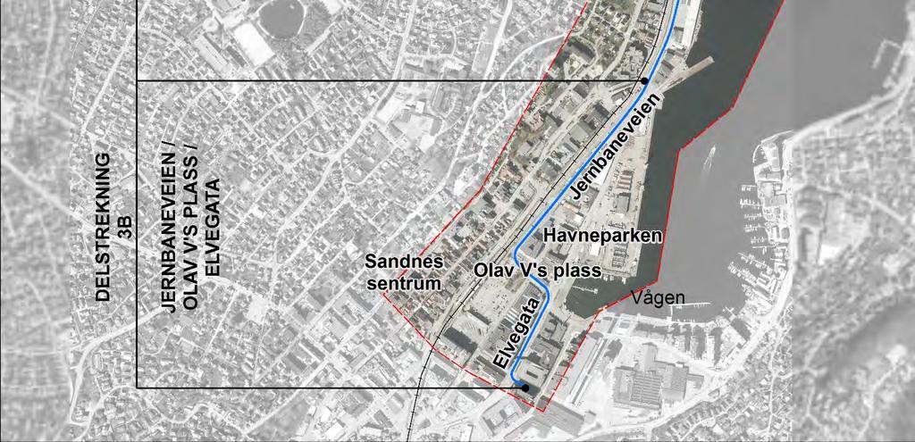 Figur 732: Delstrekning 3B, Jernbaneveien/Olav V s plass/elvegata fra krysset ved Langgata, forbi Havneparken og Tinghuset, over Olav V s plass og Elvegata til Julie Eges gate.