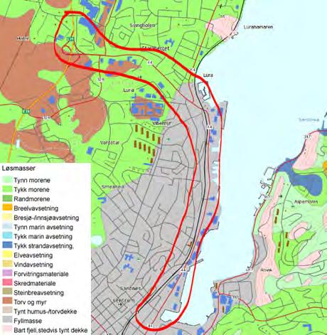 innhold av organiske materialer i massene. Et av hovedproblemene for den søndre delen er høy grunnvannstand som trolig ligger 1 2 m under terreng. Figur 111: Kvartærgeologisk kart fra www.ngu.no.