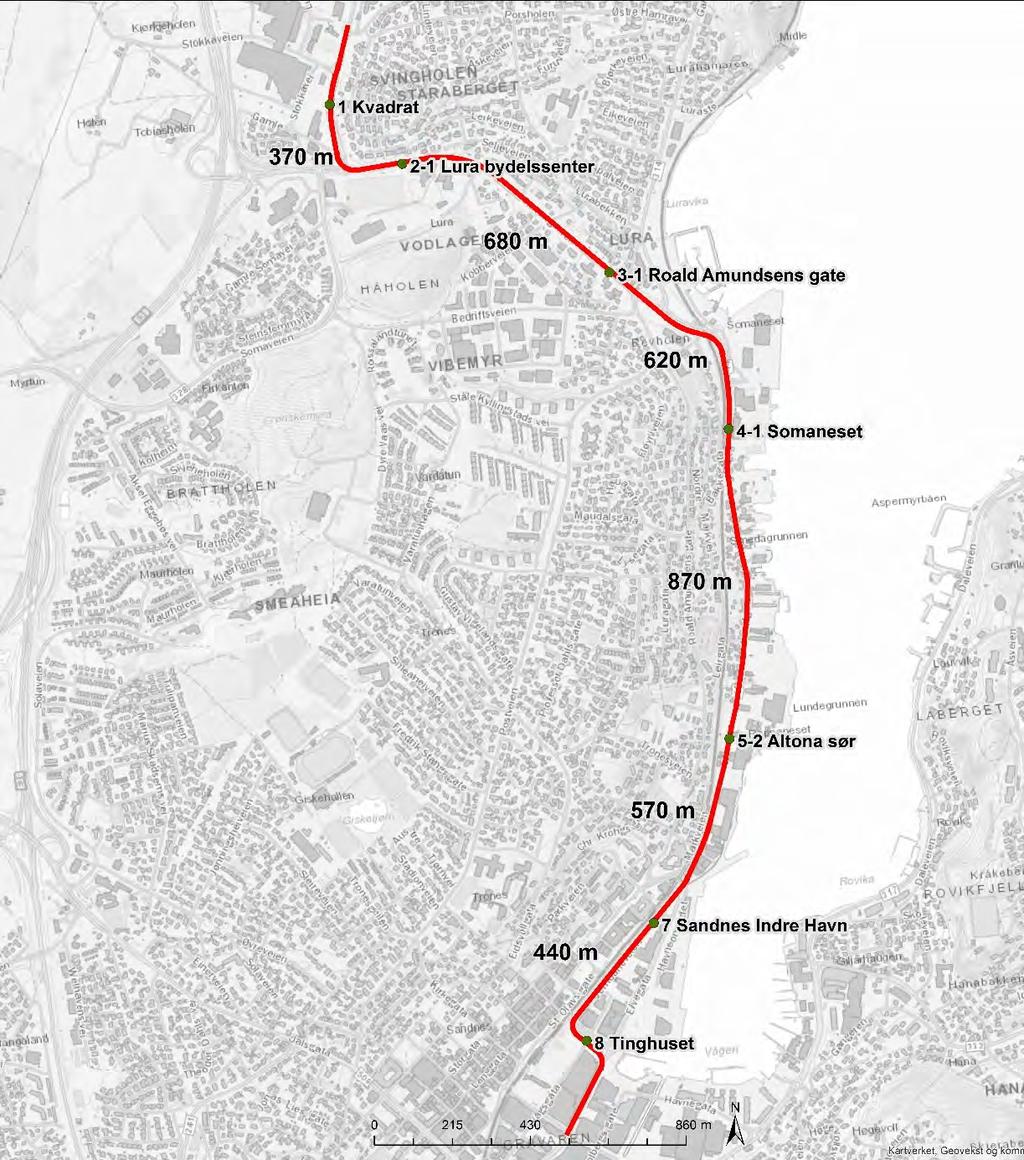 6.4.3 Avstand mellom holdeplassene Avstanden mellom holdeplassene vil variere mellom 370 og 870 m. Holdeplassene ligger nærmere hverandre der det er stort kundegrunnlag og viktige målpunkt.