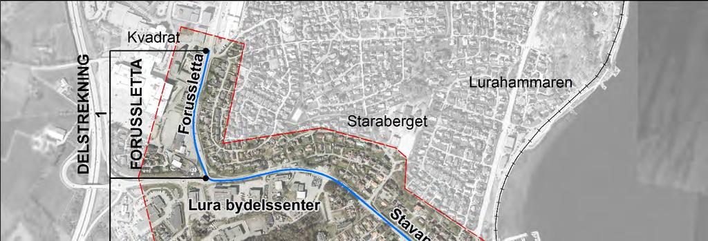 Figur 75: Delstrekning 1, Forussletta fra krysset med Stokkaveien forbi Kvadrat og fram til og med krysset med Stavangerveien 7.4.