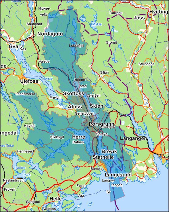 Litt om Skien-Grenlandsfjordene som vannområde Omfatter kommunene