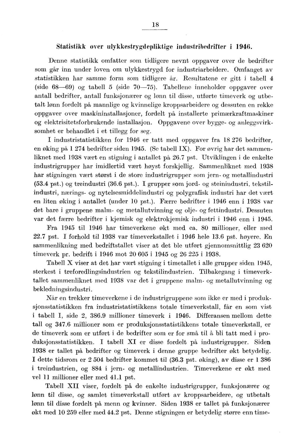 18 Statistikk over ulykkestrygdepliktige industribedrifter i 1946.