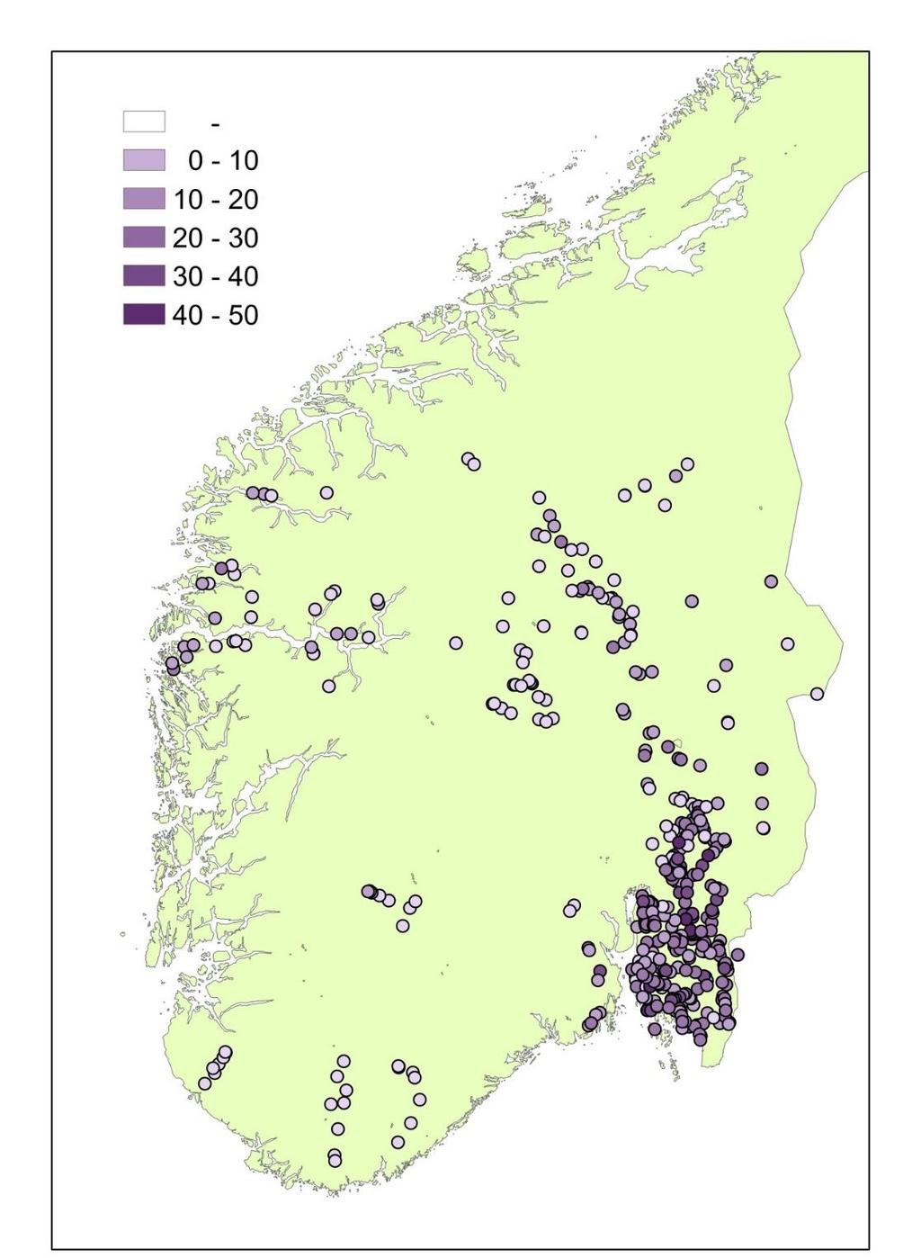 Figur 7.7. Datamaterialet som er brukt i modelleringen. Dataene gjelder VD-indikatoren begroing elver eutrofieringsindeks (PIT), hentet fra AquaMonitor.