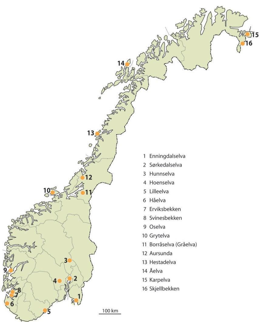 I forslaget til nasjonalt overvåkingsprogram for elvemusling ble det foreslått 16 vassdrag som skulle prioriteres med undersøkelser etter en felles metode (figur 1; Larsen mfl. 2000).