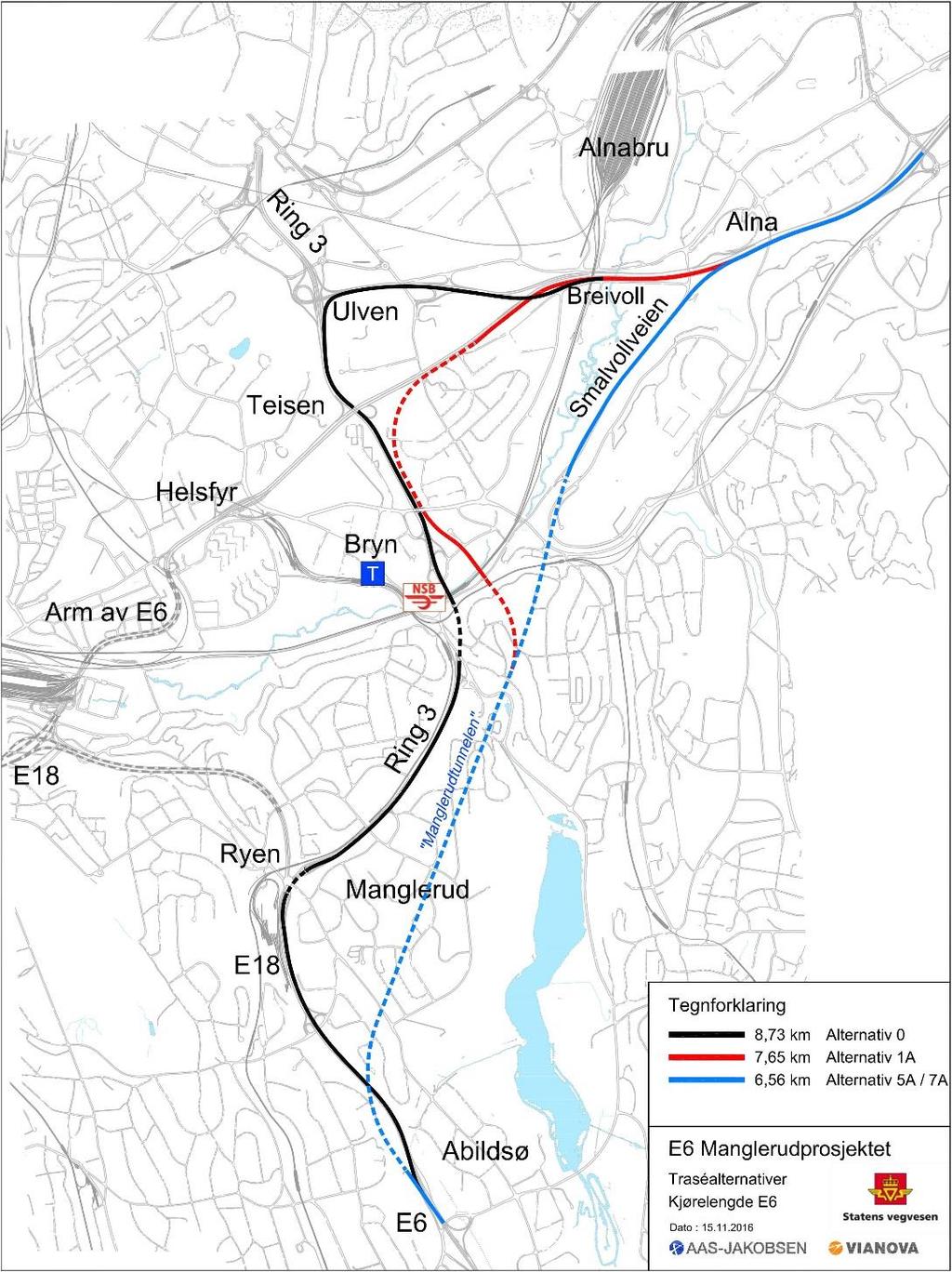 E6 Manglerudprosjektet Nytt tunnelalternativ for E6 Bryn-Alna langs Smalvollveien E6 blir 2,2 km kortere mellom Abildsø og Alna enn dagens trasé via Ulvensplitten. Flere varianter vurderes Kan bl.a. rendyrkes som E6- trasé uten kopling til Ring 3 på Bryn Konsekvenser for miljø og samfunn må utredes før vi kan velge alternativ Faktorer som vil bli tillagt vekt ved valg av alternativ er bl.
