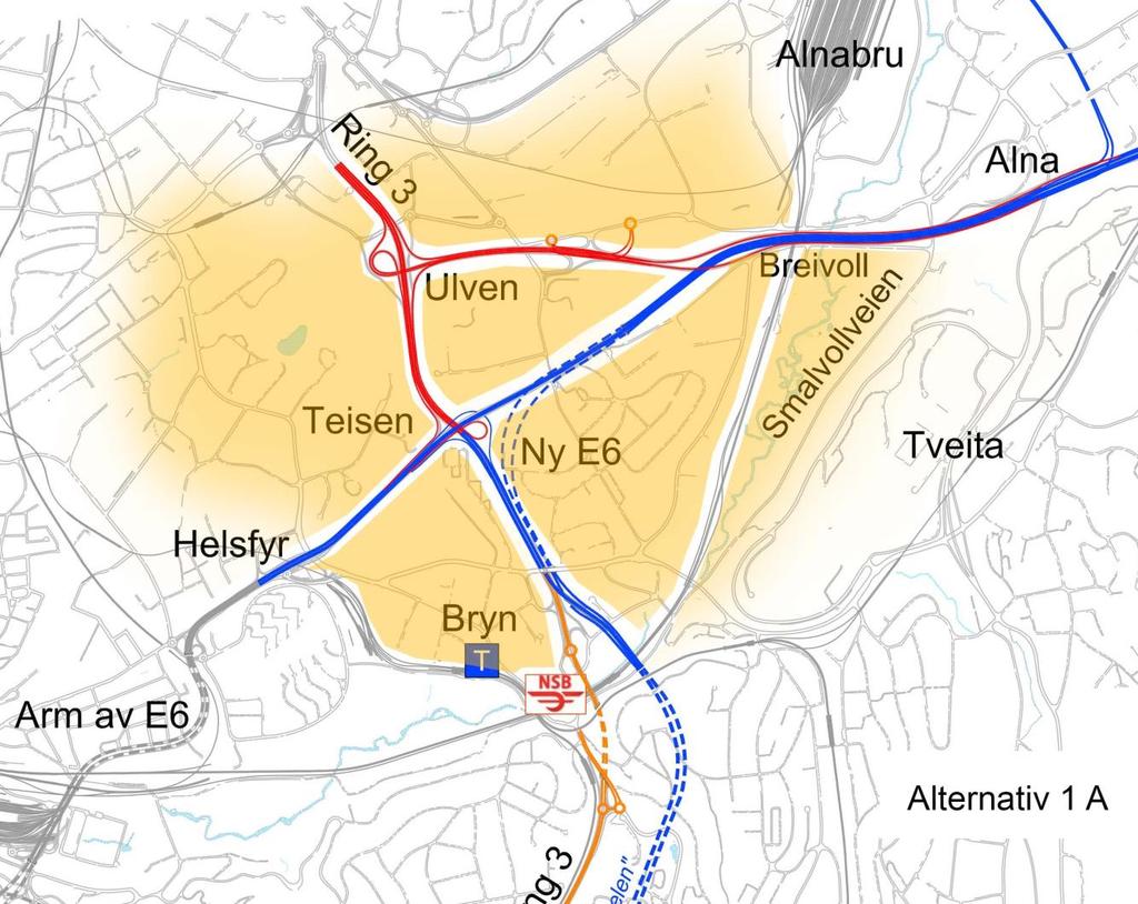 Nytt hovedvegsystem alt. 1A Barrierer og byutvikling Ny E6 i tunnel Bryn Teisen med tunnelmunning i Strømsveien.