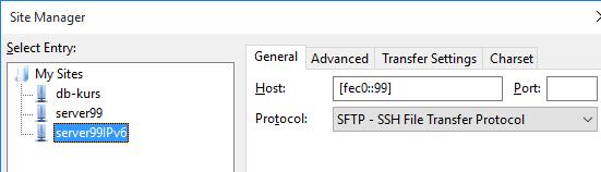 bruker IPv6 adressen til Linux tjeneren din. IPv6 adresser må skrives i [ ] f.eks. [fc00::99]. Test pålogging til Linux med IPv6 adressen fra putty.