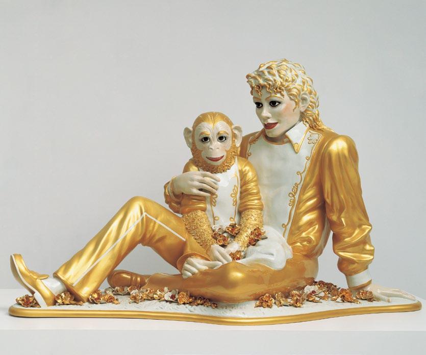 Jeff Koons Michael Jackson and Bubbles, 1988 Verket viser Michael Jackson som en gigantisk barokk nipsfigur i hvitt og forgylt porselen.