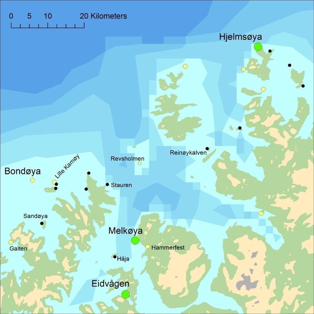 Figur 3. Kolonier med krykkje (Rissa tridactyla) i nærheten av Melkøya. Kolonier navngitt i kartet er fulgt opp i forbindelse med prosjektet.