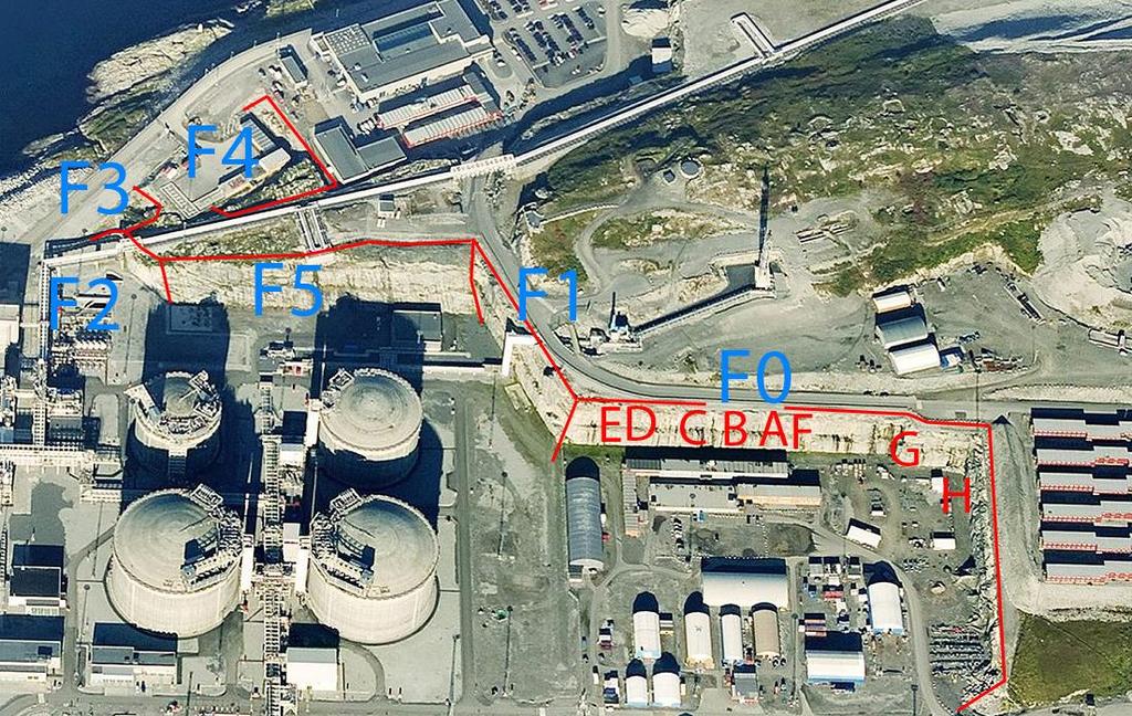 Figur 4. Krykkjefelter som overvåkes på Melkøya. F0 er hovedveggen, der det er lagt ut åtte delfelt (A H). F1 ligger inne i varm sone mot hovedveggen, med rørgate til fakkel midt i veggen.