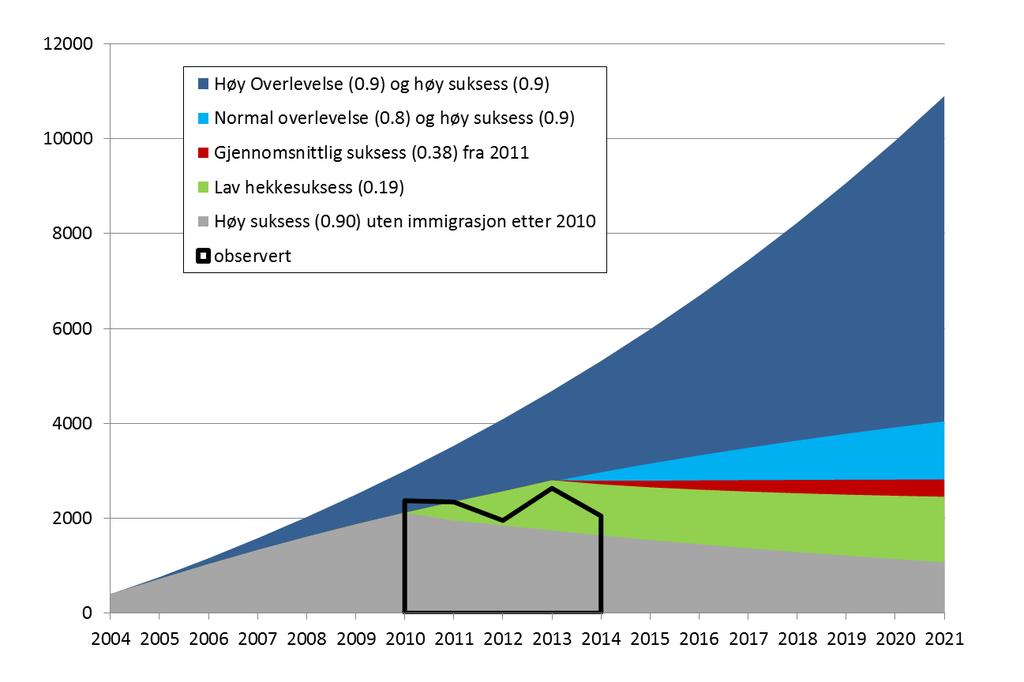 Figur 9. Tenkt bestandsutvikling for krykkje på Melkøya for fem forskjellige scenarier, framskrevet til 2021.