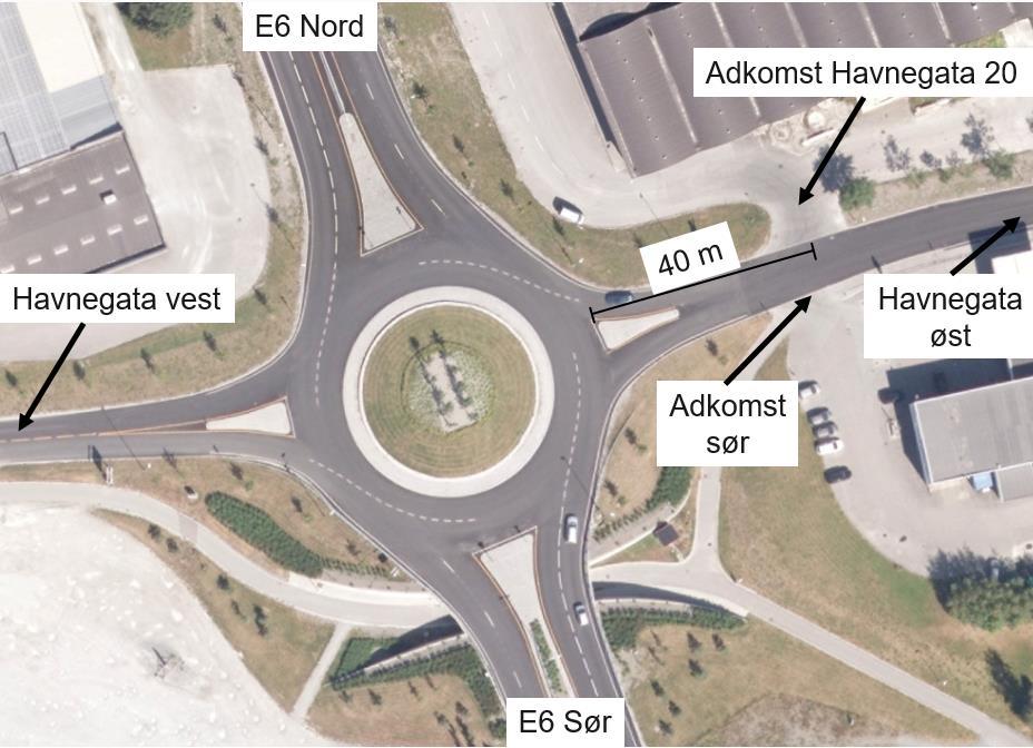 Side 20 av 27 KAPASITETSBEREGNING Det er gjennomført kapasitetsberegninger av rundkjøringen mellom E6 og Havnegata, samt adkomsten til Havnegata 20 som er lengst vest og nærmest rundkjøringen.