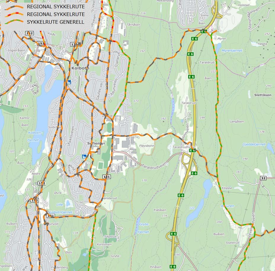 14 PNB KU TRAFIKK Figur 11: Sykkelruter i området (http://tema.webatlas.no/follo/turkart) Turkartet viser at det er forholdsvis god sykkelforbindelse i retning mot Kolbotn.