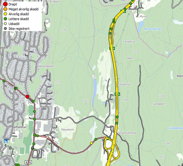 16 PNB KU TRAFIKK Figur 13: Politiregistrerte personskadeulykker for perioden 2007-2014 (NVDB). Det er registrert to ulykker på Taraldrudveien nært planlagt ny adkomstvei mot planområdet.