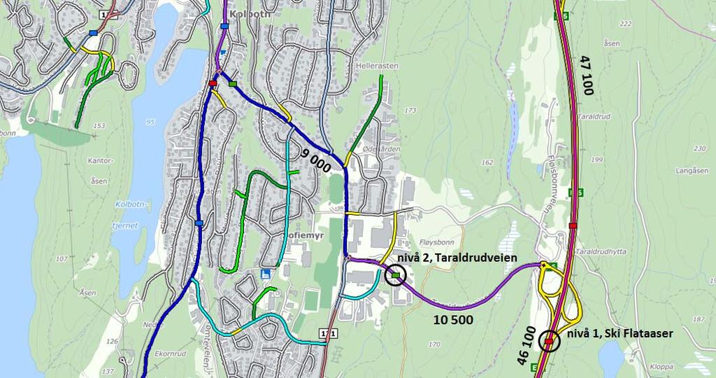 8 PNB KU TRAFIKK Figur 4: ÅDT på veinettet og tellepunkt (Nasjonal vegdatabank) Det er mottatt telledata fra to tellepunkt på veinettet nært planområdet, på Taraldrudveien (nivå 2) og Ski Flataaser