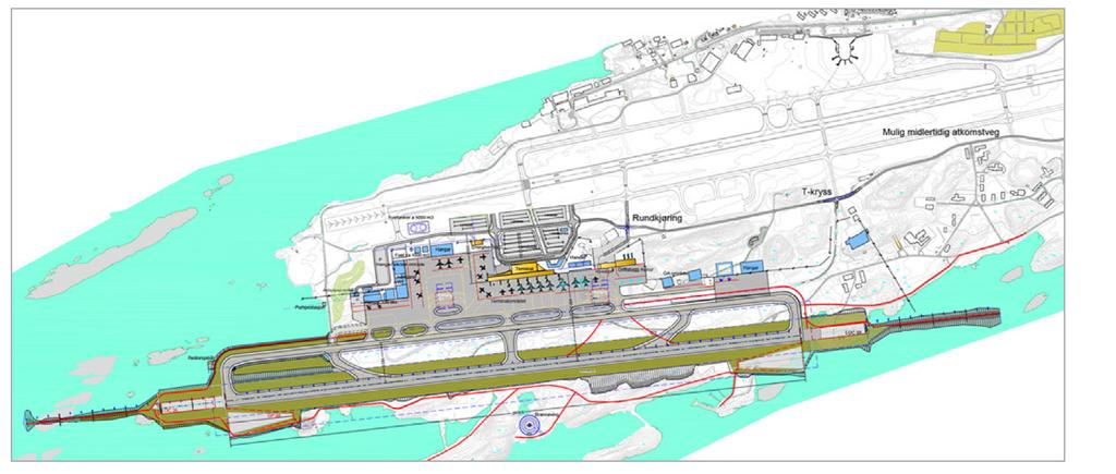 Skisse til mulig planløsning for ny sivil lufthavn. Tekniske data nye Bodø lufthavn Avinor foreslår anlagt en rullebane med asfaltert lengde 2 600 meter i begge retninger.