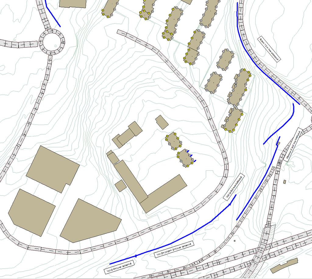 4 Beregningsresultater Figur 2: Forslag til plassering og utstrekning av støyvoller/-skjermer med nødvendig høyde.