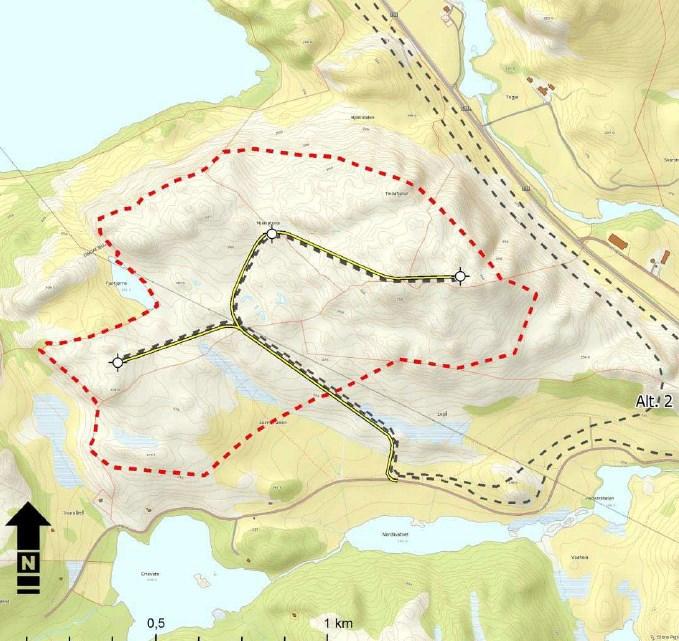 ) Utbyggingsløsningen for Tindafjellet vindkraftverk som er lagt fram i detaljplanen er endret sammenlignet med det som lå til grunn for konsesjonssøknaden, jf. figur 2 over.