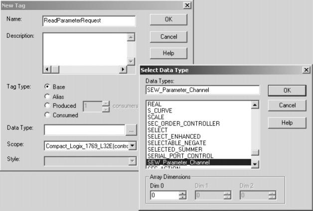 Konfigurering og idriftsettelse Konfigurering av master (EtherNet/IP-Scanner) 4 11196AXX I vinduet Select Data Type velger du den opprettede strukturen SEW_ PARAMETER_CHANNEL som datatype og