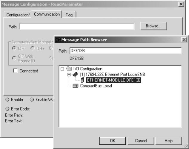 Konfigurering og idriftsettelse Prosessdata-timeout 4 Velg fanearket Communication for å fastsette meldingens mottaker. Klikk på knappen <Browse>. Vinduet Message Path Browser åpnes.