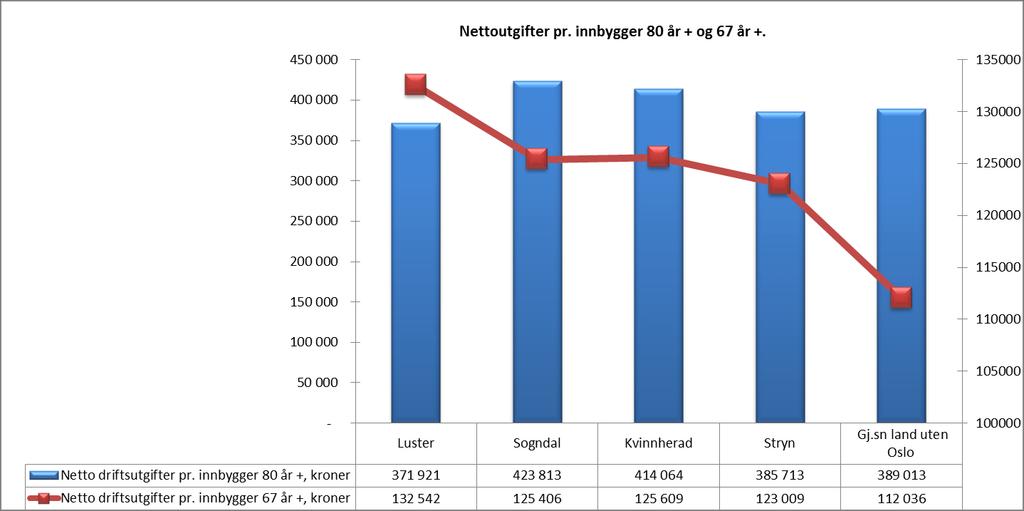 Luster kommune bruker kr 371 921 pr innbygger i gruppen 80+ som er lavest i utvalget. Sogndal ligger høyest i utvalget pr innbygger over 80 år på kr 423 813, mens landsgjennomsnittet kr 389 013.