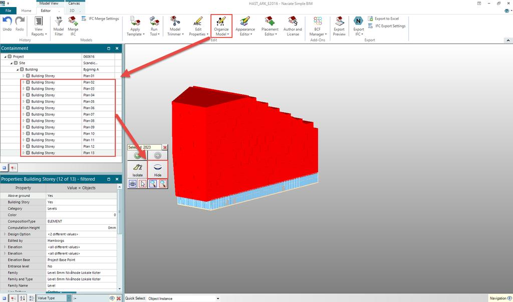 Hvis man er i tvil om tilhørigheten innad etasjene i den eksporterte IFC-filen, er det smart å foreta en visuell