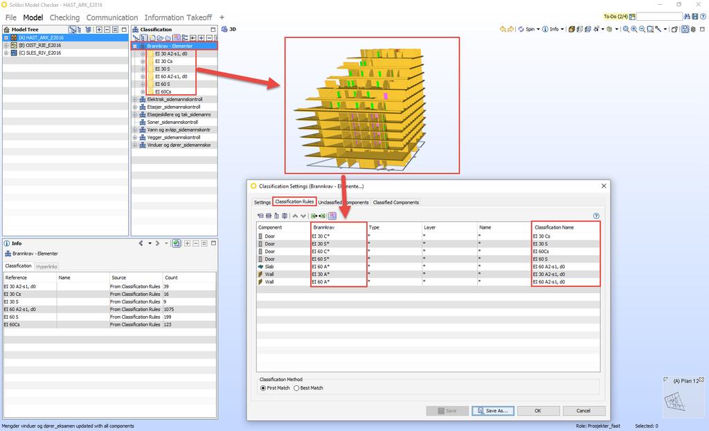 Klassifikasjon Vil kun bidra til å gi en oversikt visuelt, slik at under møter kan man gå igjennom hele modellen og kontrollere om dører, dekker og vegger med krav er riktig og har korrekte krav.