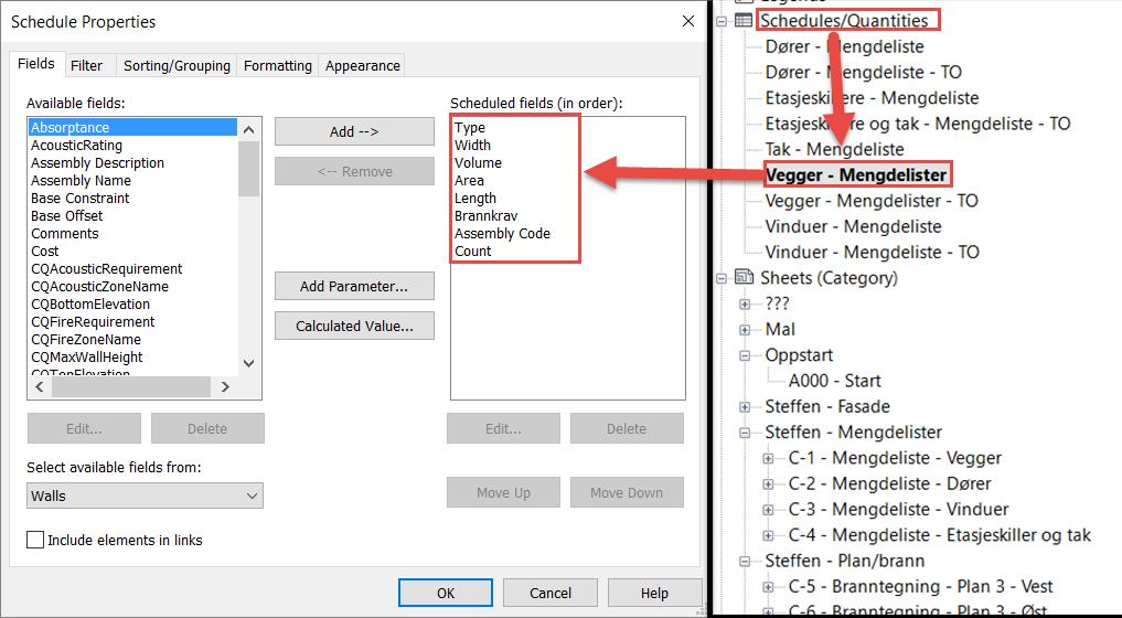 7.2 Revit mengdeuttak Brukte egen template for å generere elementlister, som allerede har oppsett som vi kommer til å bruke for å sammenligne differanser (se vedleggene: C-1 C4) Generelle oppsettet