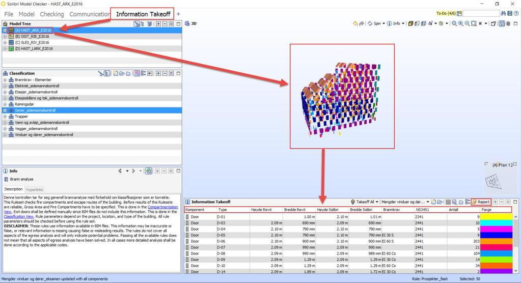 7.3 Solibri mengdeuttak Bruker Information Takeoff funksjonen i Solibri for å ta ut mengder med informasjon som ikke bare er relevant til min problemstilling, men også i forhold til å