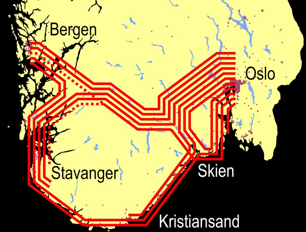 Vestlandsbanen i nettverket Kvar heiltrekt linje = 1 avgang per time