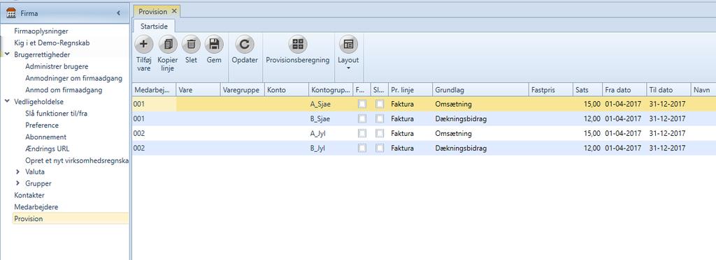 Provisjon finner du under Firma / Vedlikehold / Provisjon For å kunne benytte provisjonsutregning, skal det først opprettes medarbeidere, se Firma / Vedlikehold / Generelle links Layout Skabeloner