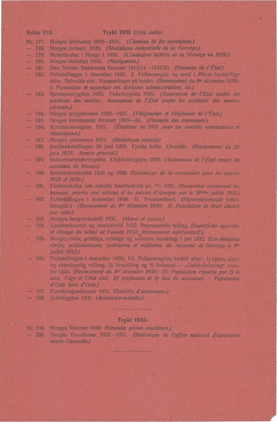 Rekke VIII. Trykt 93 (forts. suite): Nr. 77. Norges jernbaner 930-93. (Chemins de fer norvegiens.) - 78. Norges industri 930. (Statistique industrielle de la Nornlge.) - 79.