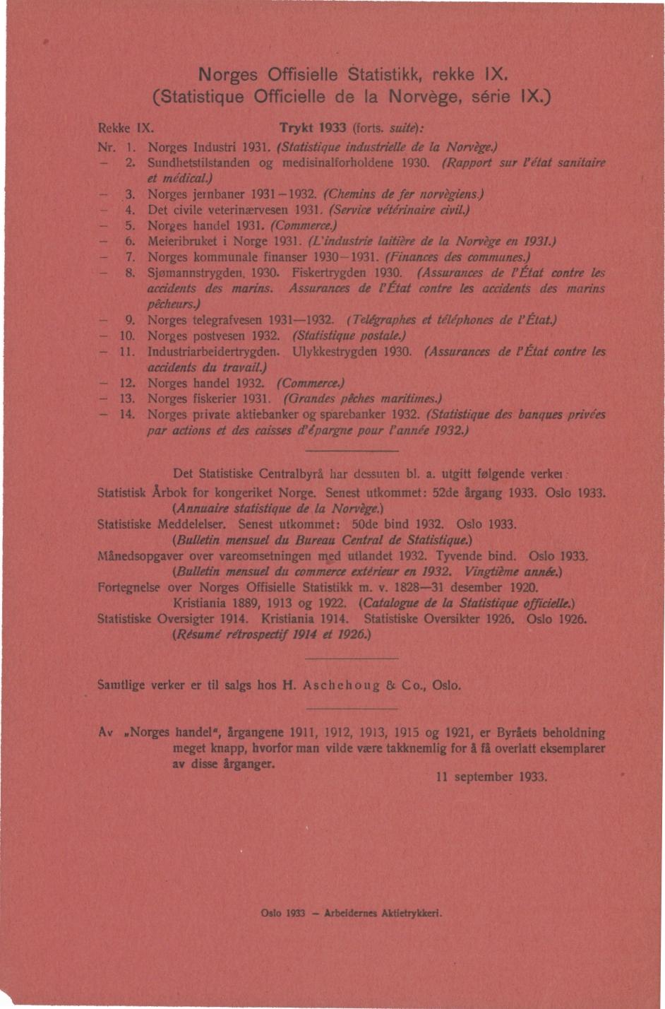 Norges Offisiet e tatis ikk, rekke X. (Statistique Officielle de la Norvége, série IX.) Trykt 933 (forts. suite): Rekke IX. Nr.. Norges Industri 93. (Statistique industrielle de la Norvige).