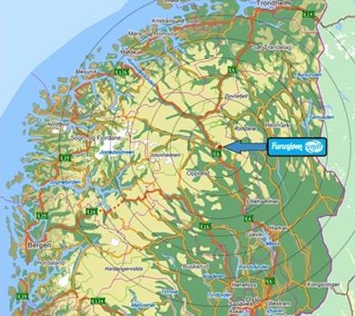 Fra nord: Etter å ha passert Sjoa er det avkjøringsrampe nr.