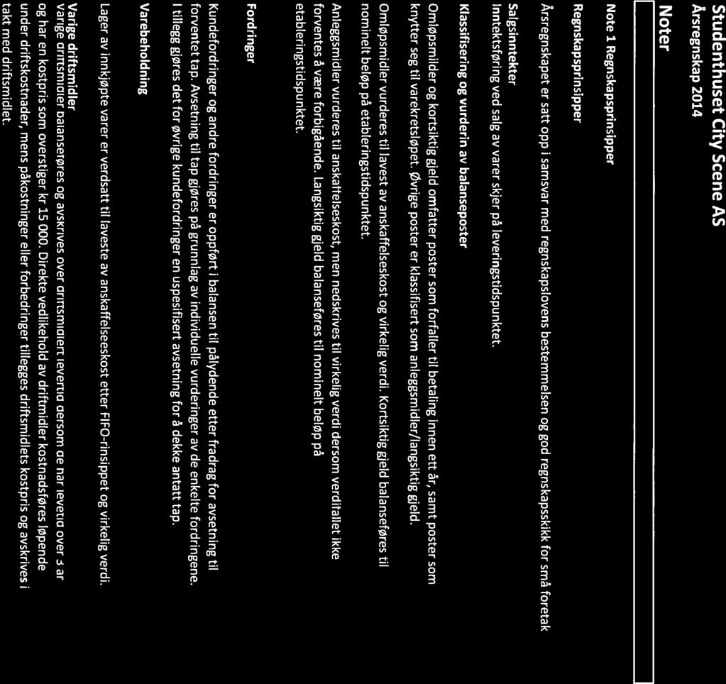 Studenthuset City Scene AS Årsregnskap 2014 Noter Note i Regnskapsprinsipper Regnskapsprinsipper Årsregnskapet er satt opp i samsvar med regnskapslovens bestemmelsen og god regnskapsskikk for små