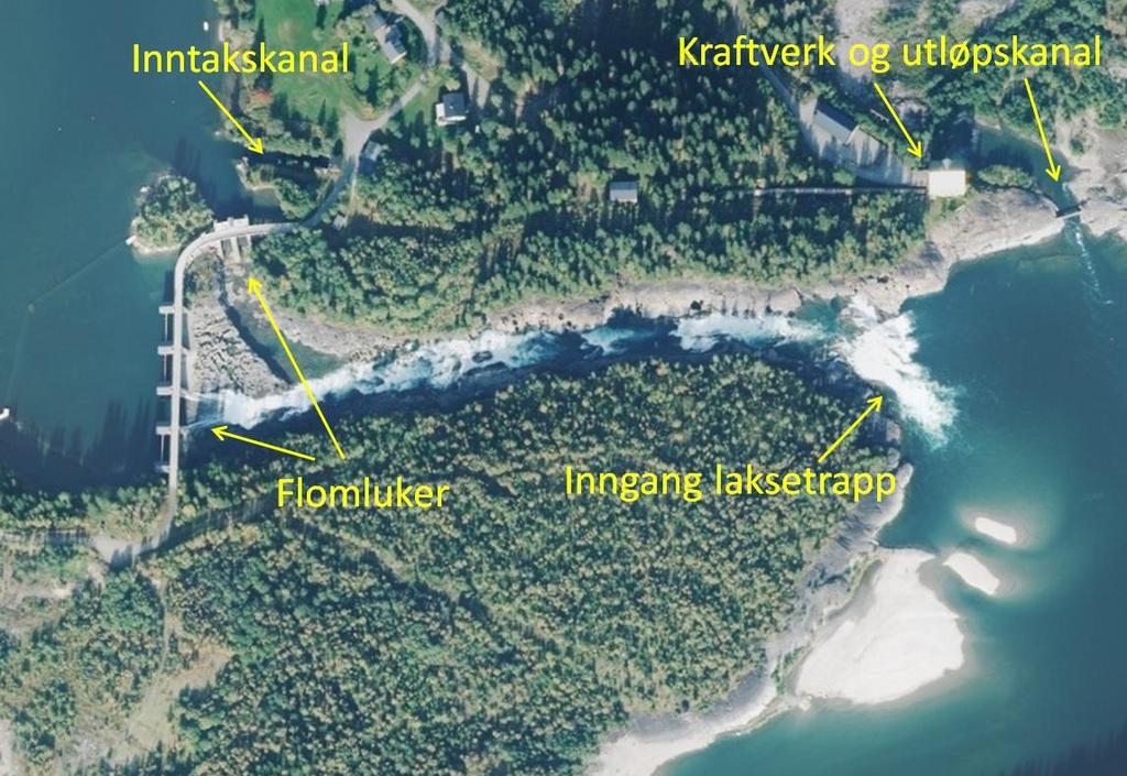 Figur. Reinforsen med Reinforsen kraftverk og laksetrappa på motsatt bredd.