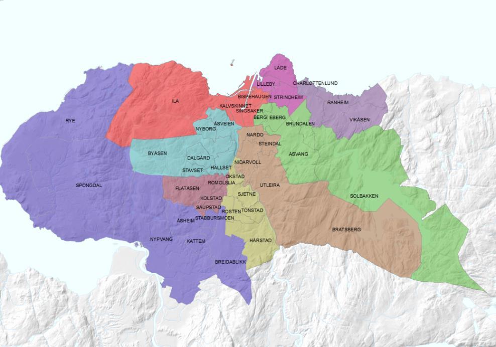 Bydelsinndeling I Plan for areal til offentlige tjenester er byen delt inn i 9 bydeler. Formålet er å bedre grunnlaget for å vurdere lokalisering og muligheter for samlokalisering/ sambruk.