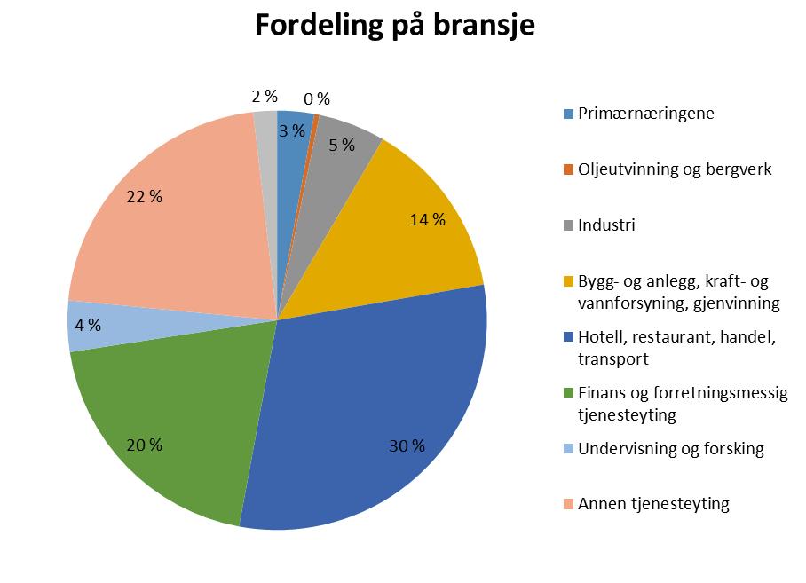 30 og transport, annen tjenesteyting og finans og forretningsmessig tjenesteyting er de klart største i Hordaland, målt i antall bedrifter. Figur 5 - Fordeling på bransje. Kilde: http://statistikk.