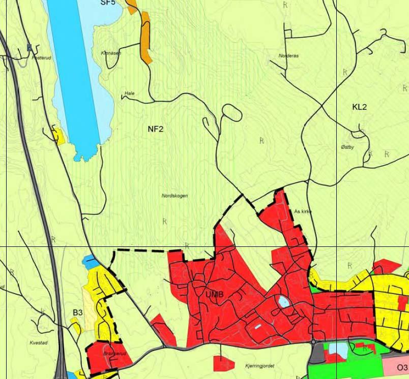 Einarstujordet Figur: Utsnitt fra kommuneplanens arealdel. Rødt viser arealer som er avsatt til offentlig byggeområde. Ås kommune har igangsatt rullering av kommuneplanens arealdel.