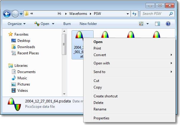 106 6.9 Menyer Konvertere filer i Windows Utforsker Du kan konvertere PicoScope-datafiler til andre formater til bruk i andre programmer, eller til andre former for data til bruk med PicoScope.