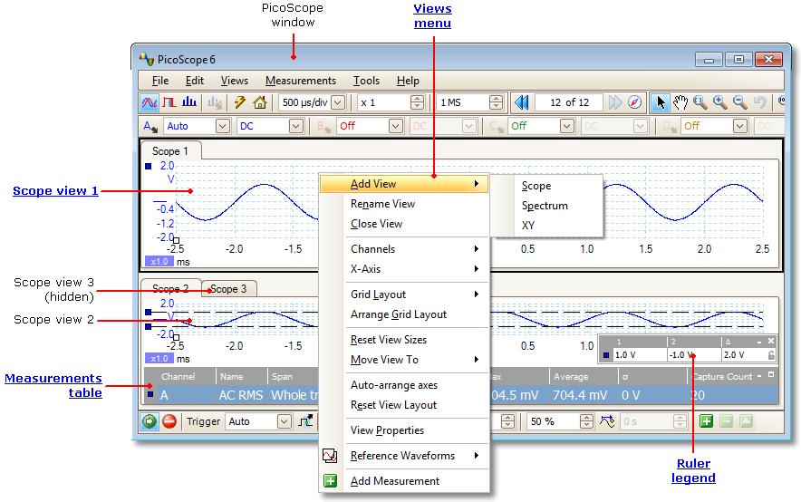 PicoScope 6 brukerveiledning 5.4 11 PicoScope-skjermbildet PicoScope-skjermbildet viser en datablokk som er registrert fra oscilloskopenheten.