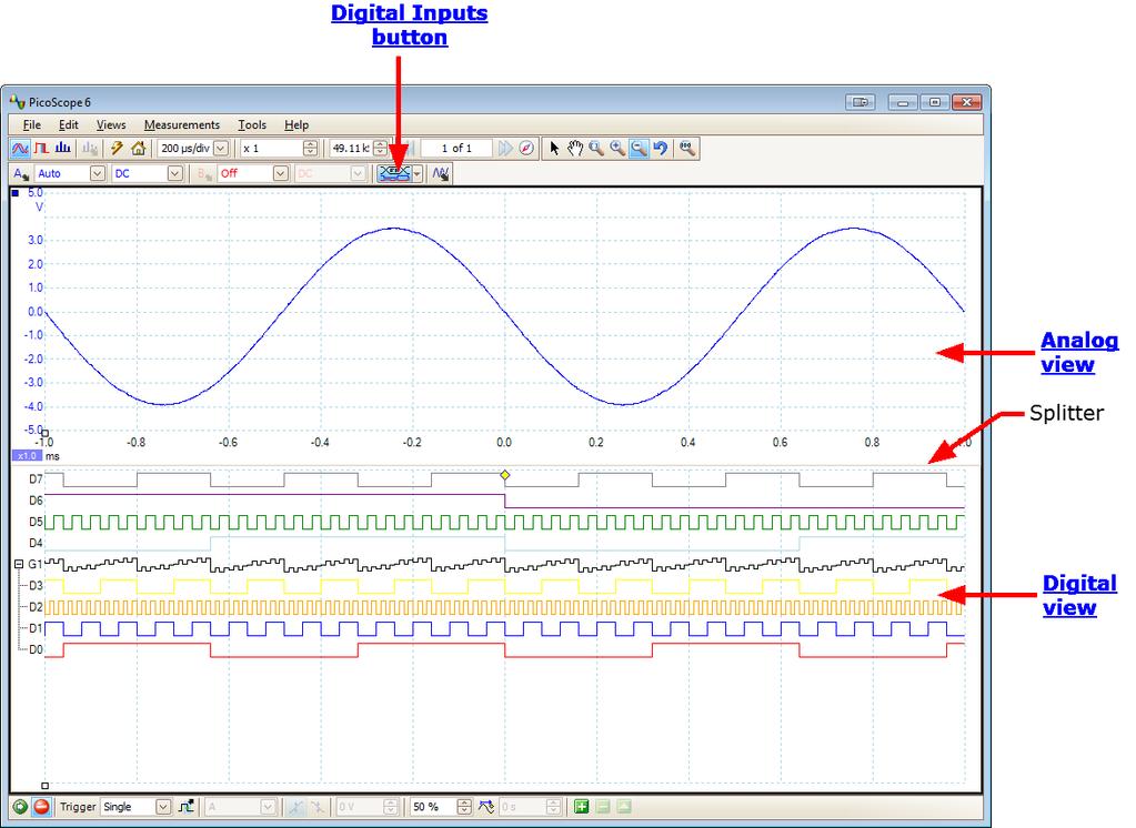 PicoScope 6 brukerveiledning 5.6 13 MSO-visning Bruksområde: bare oscilloskop med blandingssignal (MSO) MSO-visningen viser blandede analoge og digitale data på samme tidsbase.